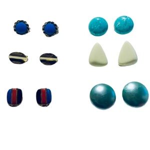 Vintage Lot of 6 Pairs Clip on Earrings Blue Cream Goldtone Multi Colour